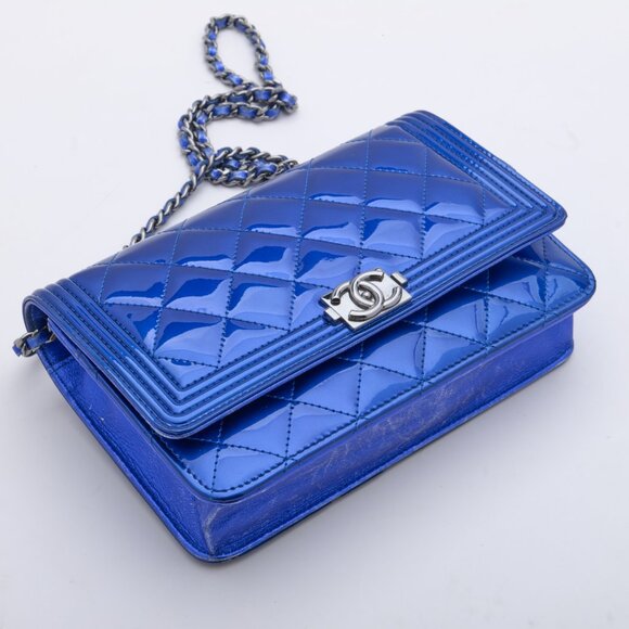 Chanel Bright Blue Boy Patent Leather Wallet On Chain - Picture 6 of 15